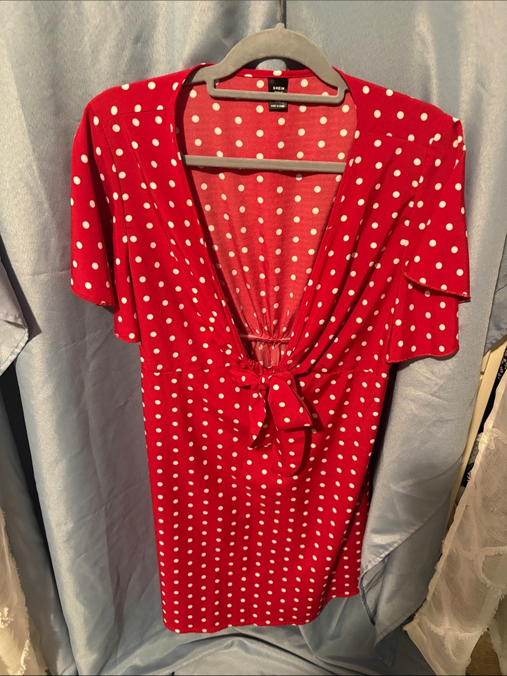 SHEIN Red Polka Dot Tie-Front Dress